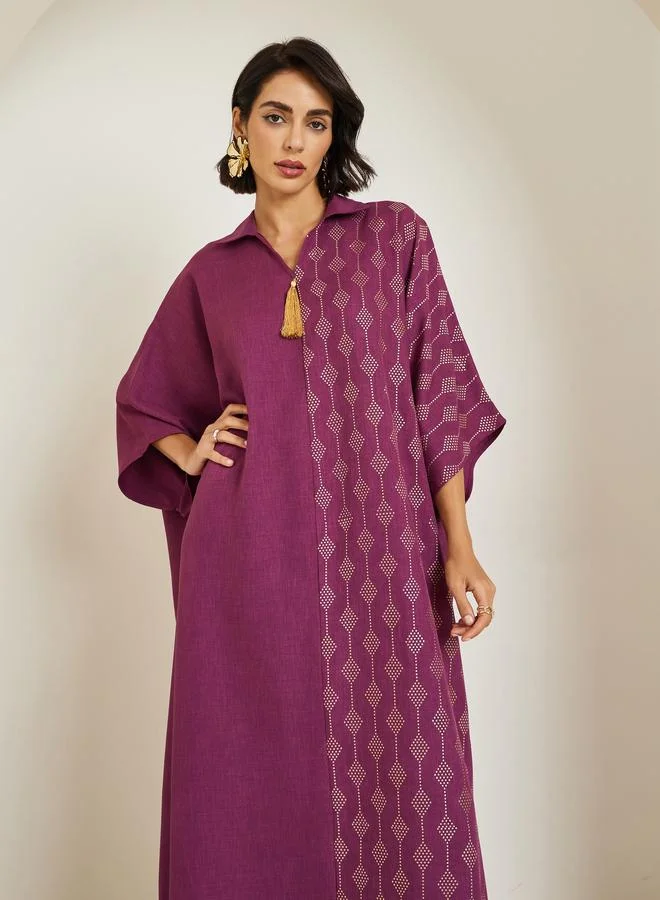 Women Purple Foil Print Tassel Detail Jalabiya